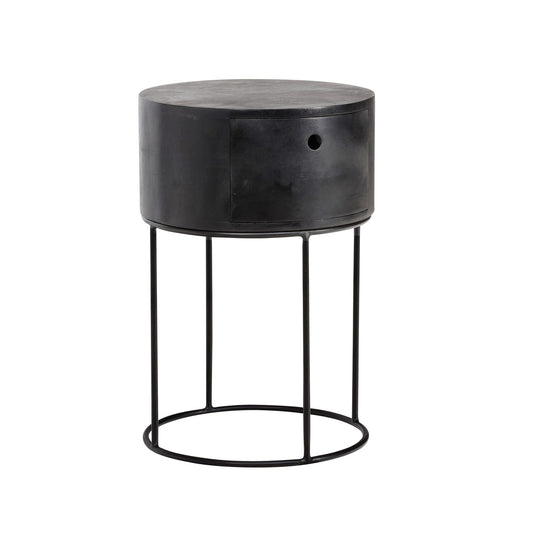 FineBuy Nachtkonsole rund aus Massivholz mit Metallgestell und Schublade – moderner Nachttisch im Industrial Design mit Stauraum, Nachtkästchen ideal 