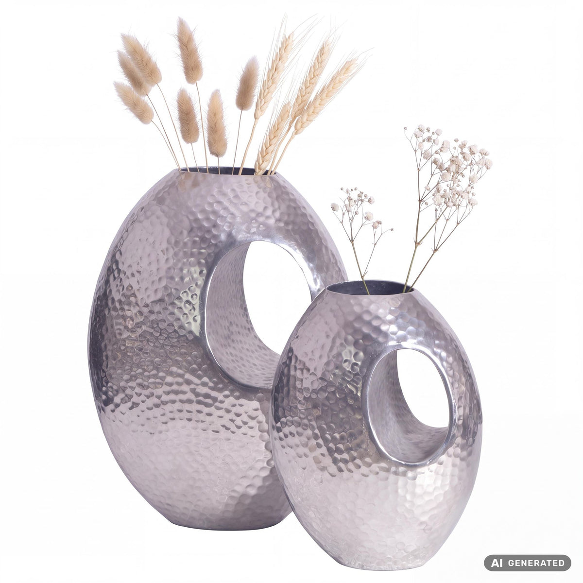 FineBuy Deko Vase 2er Set Aluminium mit Tragegriff Blumenvase Modern, Hammerschlag Dekovase 2-teilig für Blumen, Alu Tischvase Handgefertigt