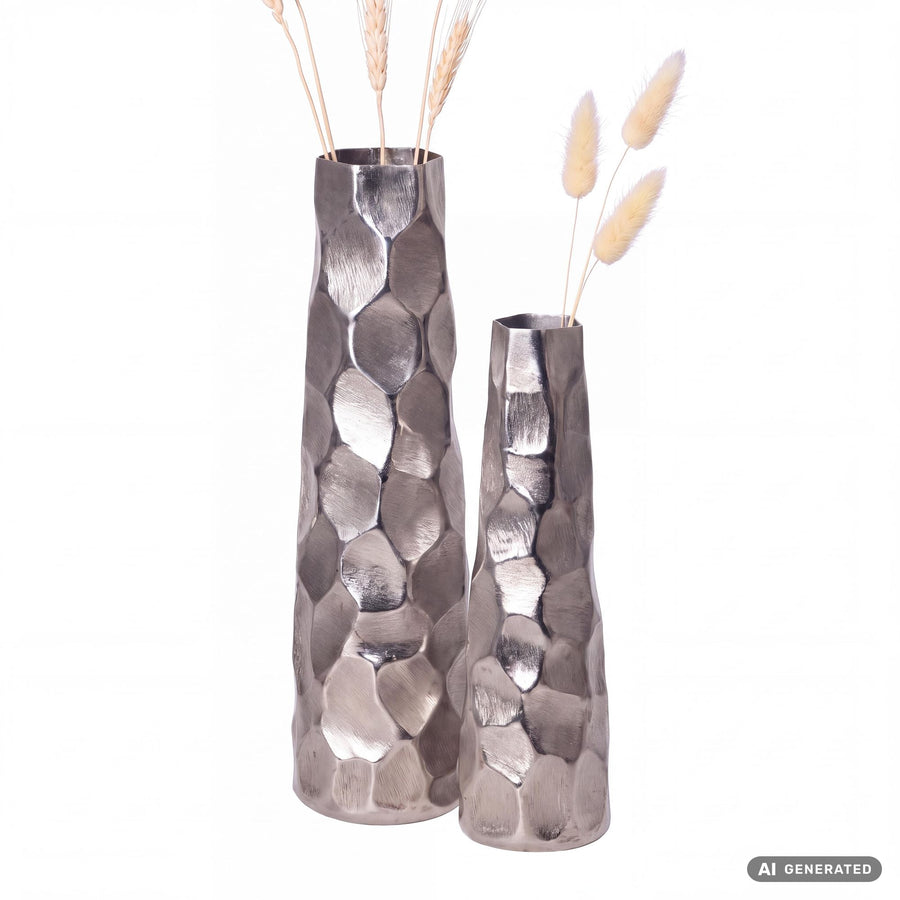 FineBuy Deko Vase 2er Set Aluminium Blumenvase Modern, Dekovase Hammerschlag-Design 2-teilig für Blumen, Alu Tischvase Wohndeko Metall Tischdeko Handg
