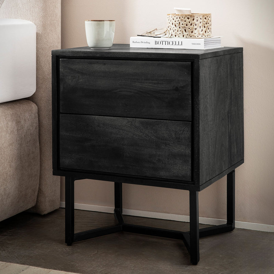 FineBuy Nachttisch Akazie Massivholz Schwarz mit 2 Schubladen & schwarzem Metallgestell – Nachtkommode mit Stauraum modern, Nachtkästchen für Boxsprin