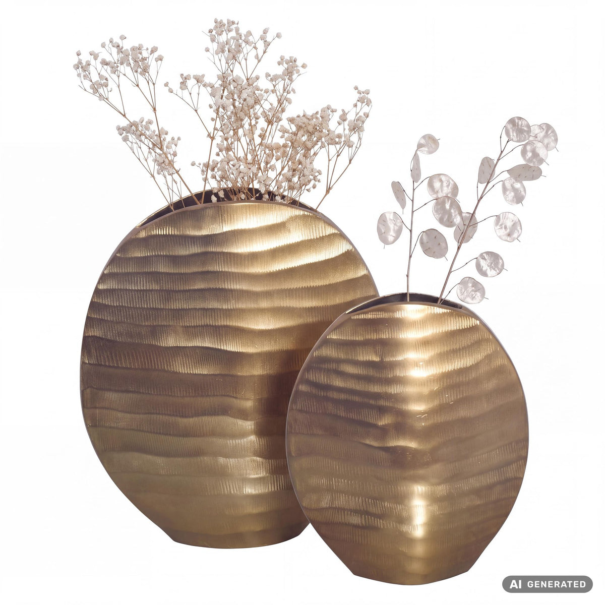 FineBuy Deko Vase 2er Set Aluminium Blumenvase Wellenmuster Modern, Dekovase Rund 2-teilig für Blumen, Alu Tischvase Wohndeko Metall Tischdeko Handgef