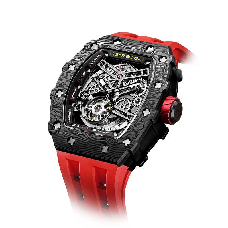 schwarze Uhr TSAR BOMBA watch– Automatische Herrenuhr mit sportlichem Carbonfaser-Design, wasserdicht, langlebig und stilvoll Passionsrot