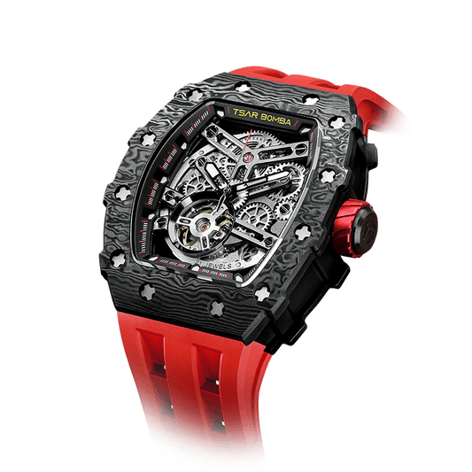 schwarze Uhr TSAR BOMBA watch– Automatische Herrenuhr mit sportlichem Carbonfaser-Design, wasserdicht, langlebig und stilvoll Passionsrot