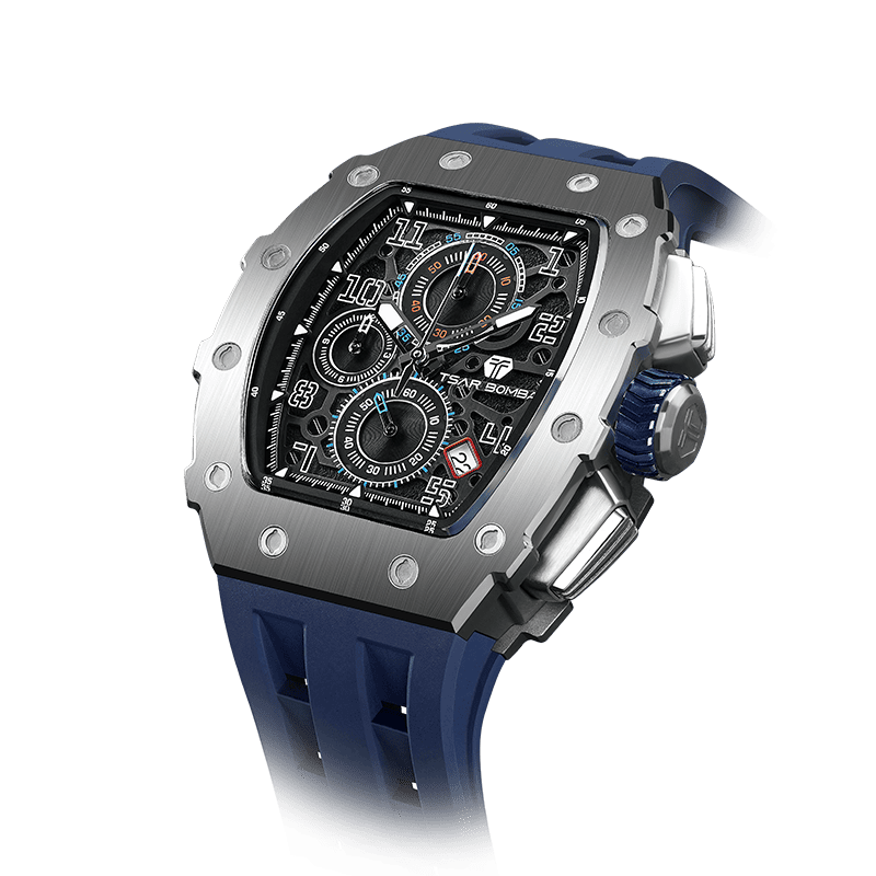 TSAR BOMBA Elemental Serie – Luxuriöse Tonneau-Herrenuhr, 50 m wasserdicht, Chronograph mit Kalenderanzeige Silberblau