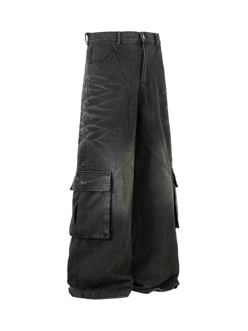 Washed Distressed Multi-Pocket Cargo Jeans - Black / S