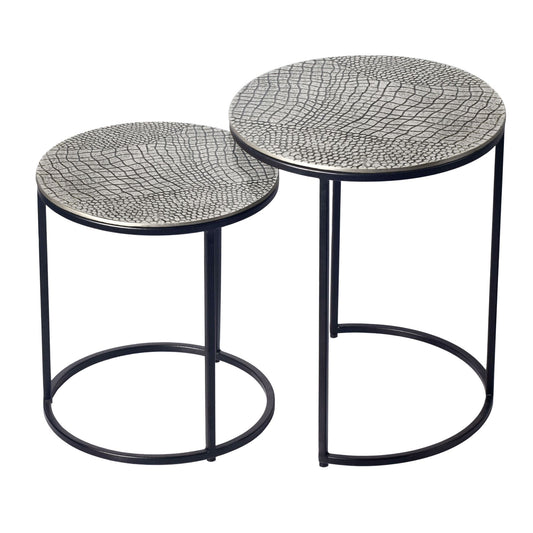 FineBuy Satztisch Metall 2er Set rund - Beistelltisch Aluminium Tischplatten mit Muster - Design Couchtisch Anstelltisch modern Eisen Gestell - Dekoti