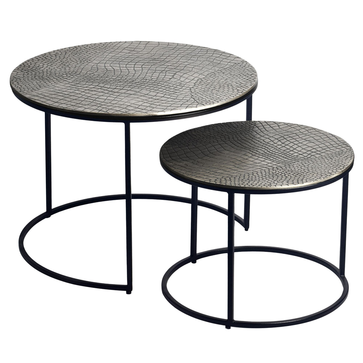 FineBuy Satztisch Metall 2er Set rund - Couchtisch Aluminium Tischplatten mit Muster - Beistelltisch Sofatisch Alu modern - Wohnzimmertisch Eisen Gest