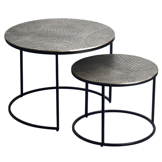 FineBuy Satztisch Metall 2er Set rund - Couchtisch Aluminium Tischplatten mit Muster - Beistelltisch Sofatisch Alu modern - Wohnzimmertisch Eisen Gest