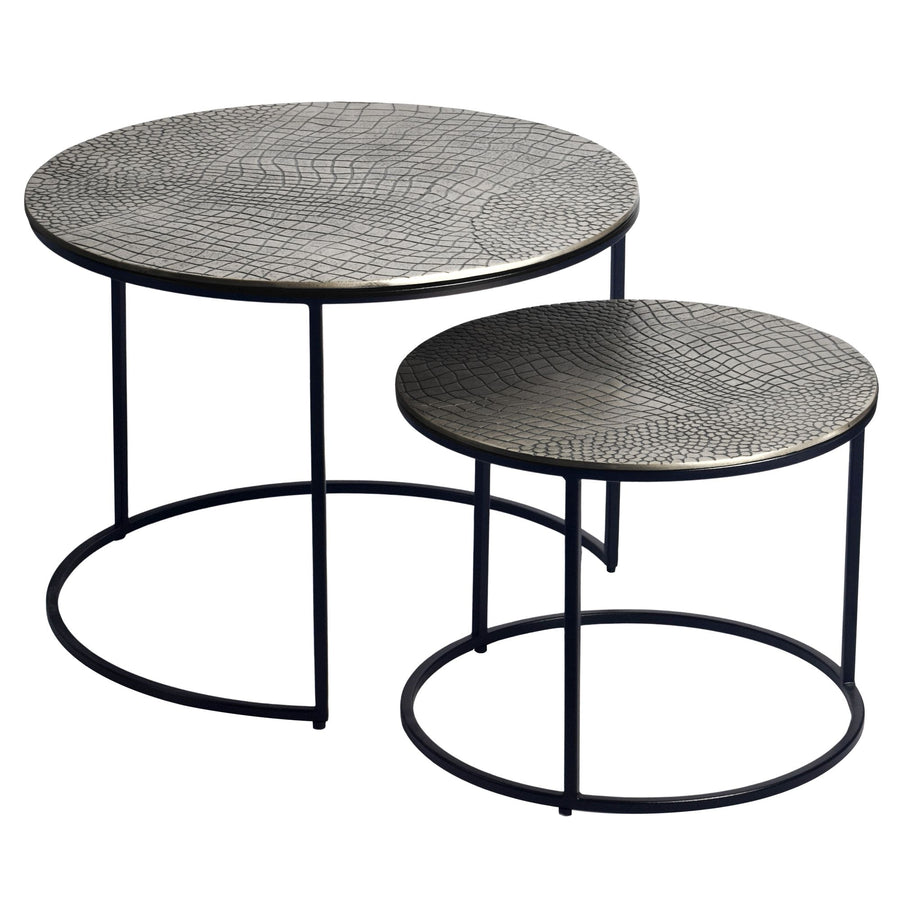 FineBuy Satztisch Metall 2er Set rund - Couchtisch Aluminium Tischplatten mit Muster - Beistelltisch Sofatisch Alu modern - Wohnzimmertisch Eisen Gest