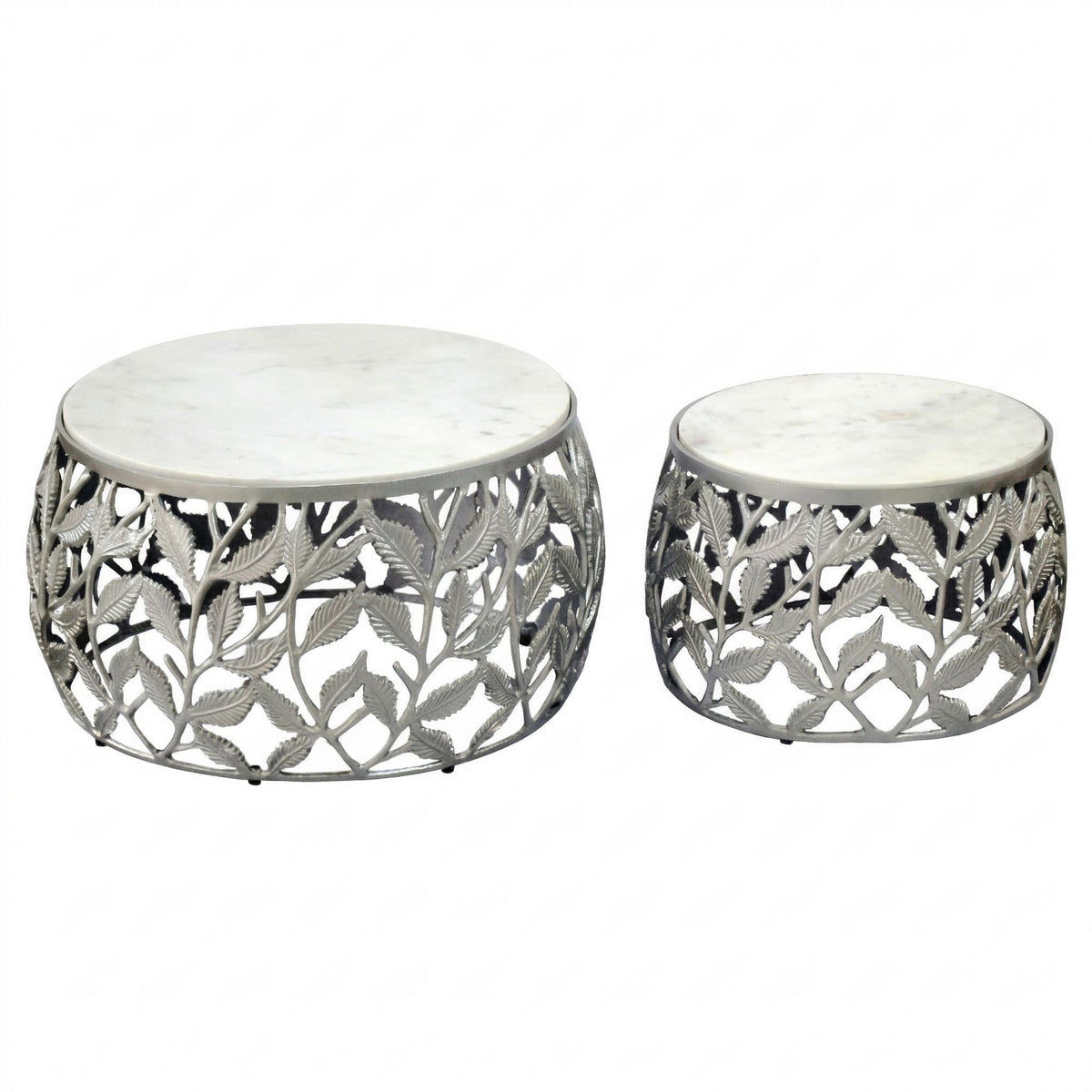 FineBuy 2er Set Couchtisch mit weißer Marmor Tischplatte - Wohnzimmer Tisch Satztisch rund - Beistelltisch Alu modern - Sofatisch Set Aluminium Metall