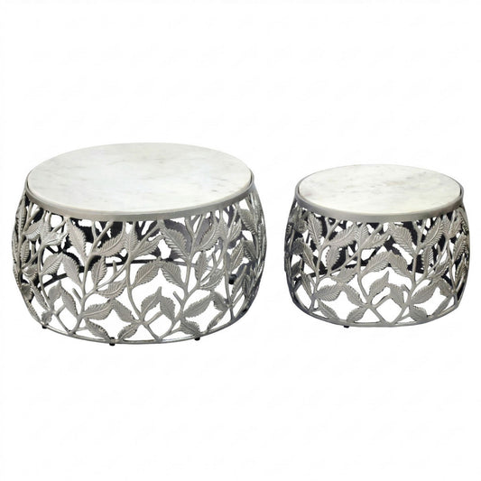 FineBuy 2er Set Couchtisch mit weißer Marmor Tischplatte - Wohnzimmer Tisch Satztisch rund - Beistelltisch Alu modern - Sofatisch Set Aluminium Metall