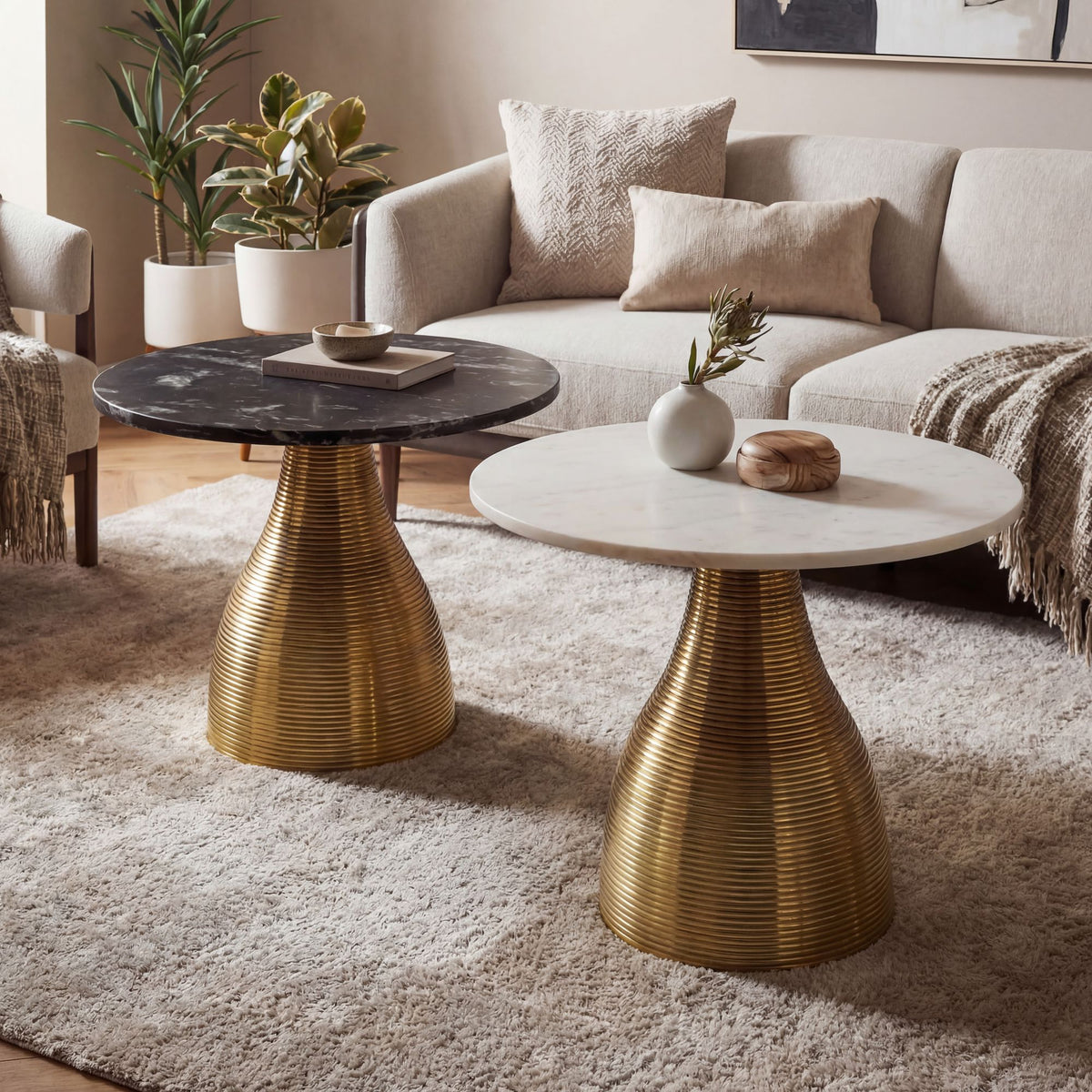 FineBuy Couchtisch Metall mit Marmor Tischplatte 60cm Rund - Moderner Wohnzimmertisch Aluminium Gold - Design Sofatisch Alu - Loungetisch Rillenoptik 