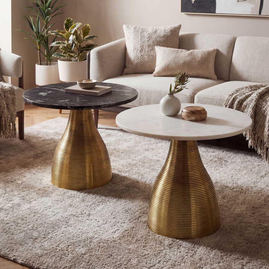 FineBuy Couchtisch Metall mit Marmor Tischplatte 60cm Rund - Moderner Wohnzimmertisch Aluminium Gold - Design Sofatisch Alu - Loungetisch Rillenoptik 
