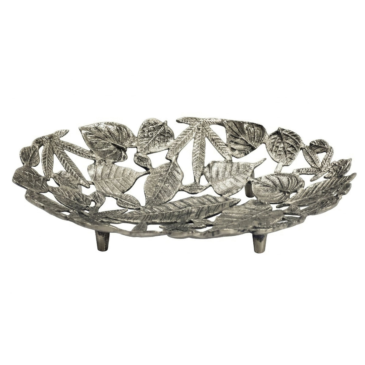 FineBuy Dekoschale Oval Schale Metall 49cm Tischdeko - Moderne Metallschale mit Fuß aus Aluminium in Blätter Optik - Elegante Aluschale - Alu Dekotell