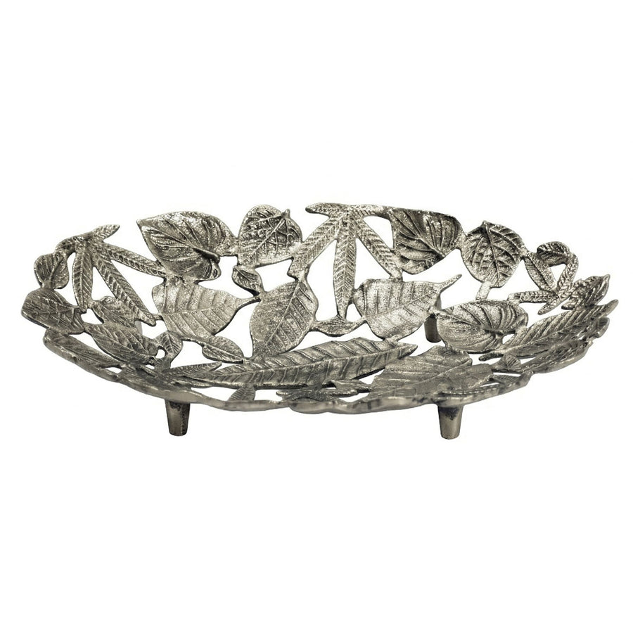 FineBuy Dekoschale Oval Schale Metall 49cm Tischdeko - Moderne Metallschale mit Fuß aus Aluminium in Blätter Optik - Elegante Aluschale - Alu Dekotell