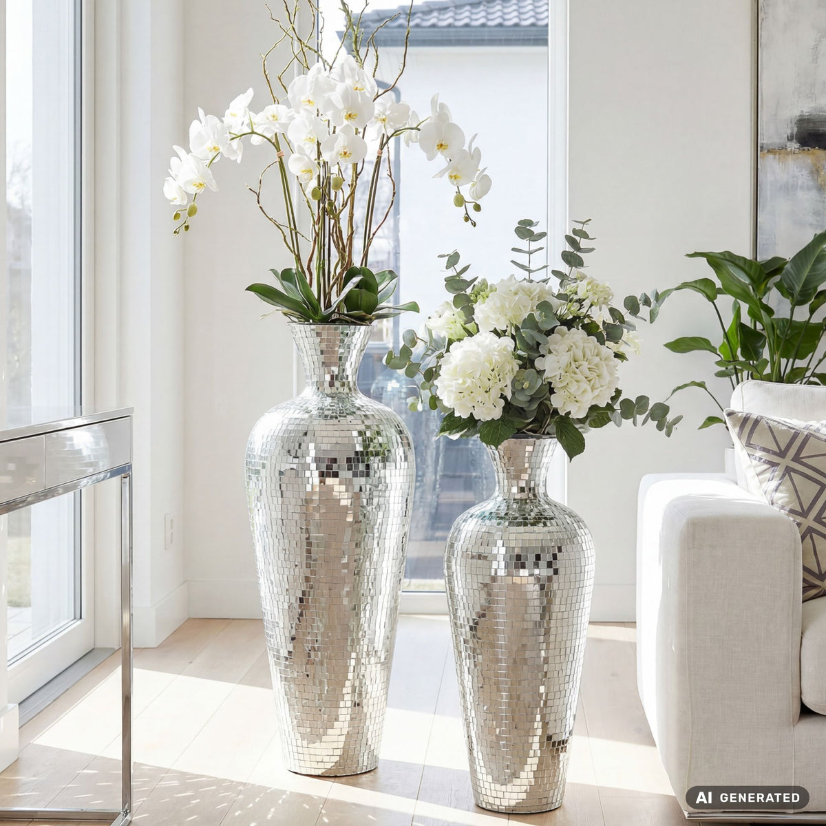 FineBuy Bodenvase Aluminium Silber - Blumenvase Groß - Metallvase im Discokugel Design Modern - Dekovase rund für Trockenblumen - XL Standvase Hoch - 