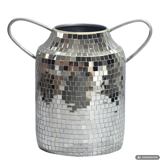 FineBuy Tischvase Aluminium 32cm - Blumenvase mit Henkel - Metallvase im Discokugel Design Modern - Dekovase rund für Trockenblumen - Alu Standvase Va