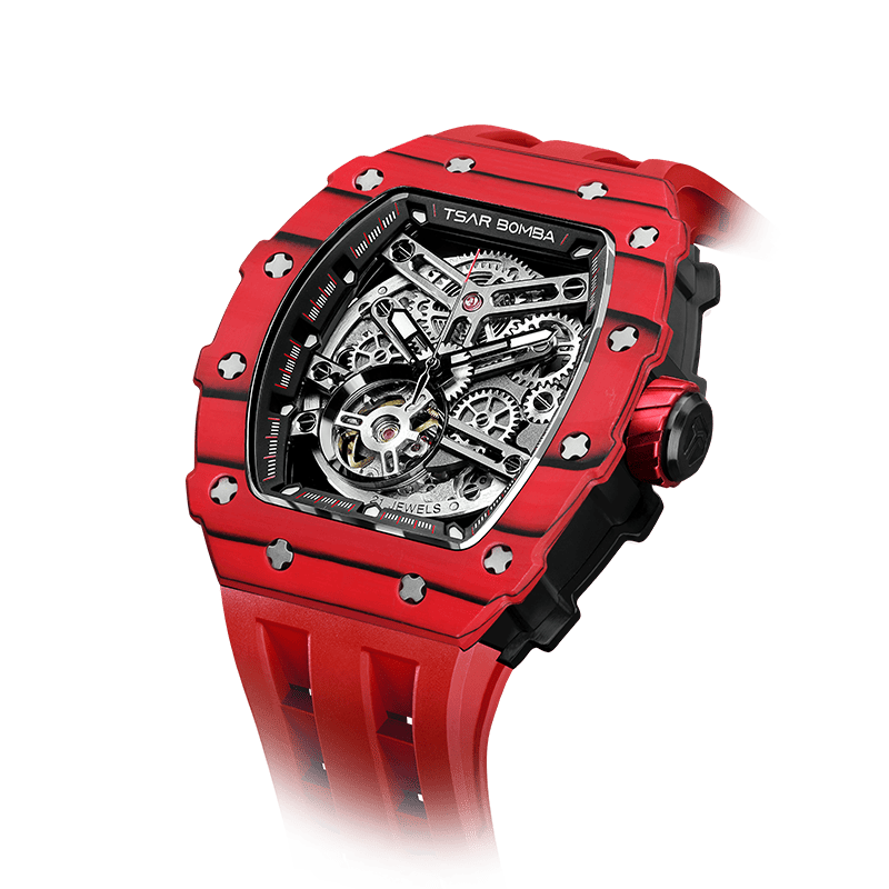 TSAR BOMBA watches – Automatische Herrenuhr mit sportlichem Carbonfaser-Design, wasserdicht, langlebig und stilvoll Bullrot