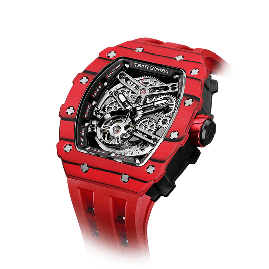 TSAR BOMBA watches – Automatische Herrenuhr mit sportlichem Carbonfaser-Design, wasserdicht, langlebig und stilvoll Bullrot