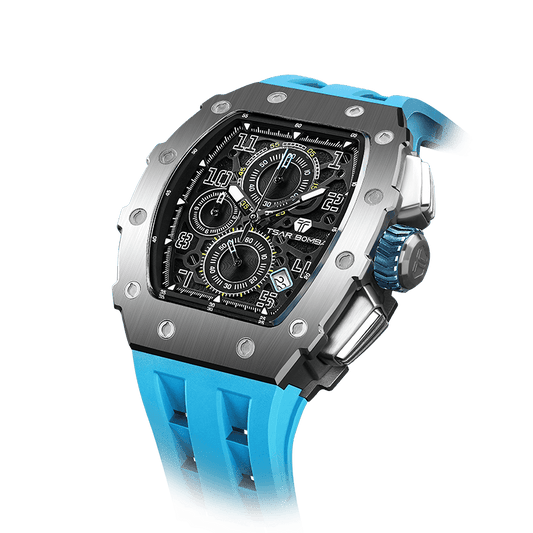TSAR BOMBA men watch– Luxuriöse Tonneau-Herrenuhr, 50 m wasserdicht, Chronograph mit Kalenderanzeige Eliteblau