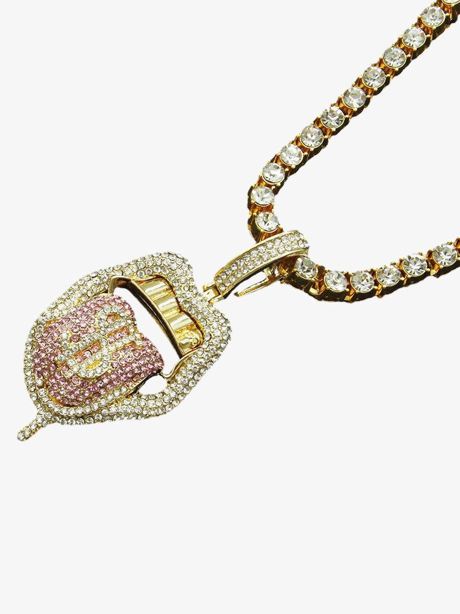 Iced Tongue Mouth Pendant Chain Necklace - Pink