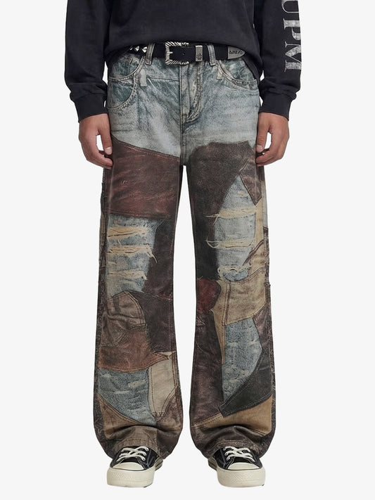Thesupermade High Street Distressed Washed Printed Jeans - 2246 - Brown / M