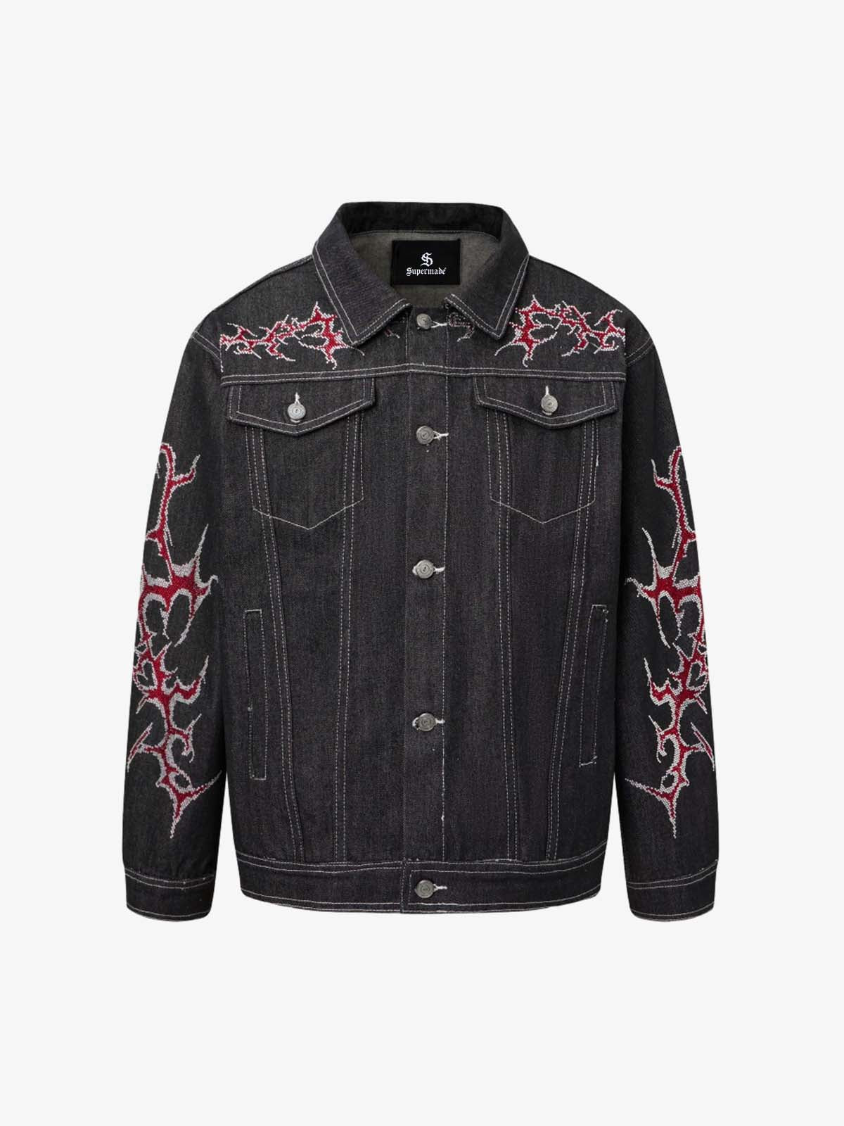 Rhinestone Thorn Graphic Denim Jacket - Gray Black / M