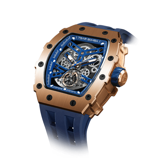 TSAR BOMBA Elemental Serie – Luxuriöse Automatikuhr für Geschäftseliten und Uhrenliebhaber, skelettiertes Zifferblatt, Gehäuse aus Edelstahl. Gold-Bla