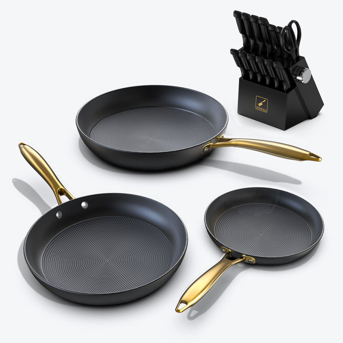 14-Pc Black Knife Block Set & 3-Pc Cast Iron Nonstick Pan Combo