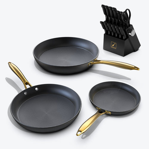 14-Pc Black Knife Block Set & 3-Pc Cast Iron Nonstick Pan Combo