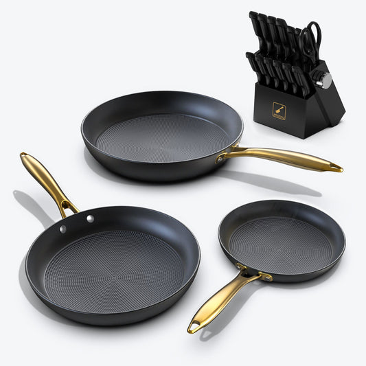 14-Pc Black Knife Block Set & 3-Pc Cast Iron Nonstick Pan Combo