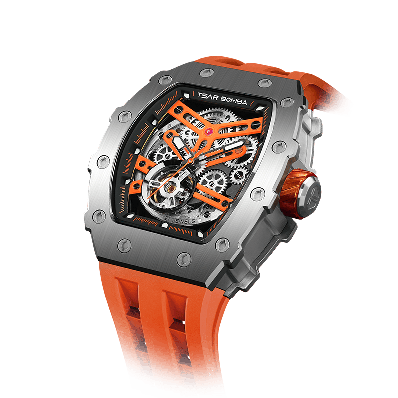 TSAR BOMBA Herrenuhr – Luxuriöse Automatikuhr für Geschäftseliten und Uhrenliebhaber, skelettiertes Zifferblatt, Gehäuse aus Edelstahl. Silber-Orange