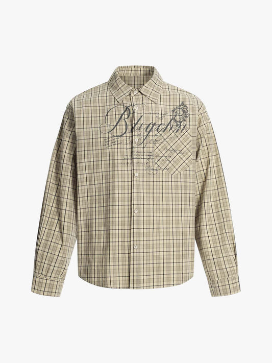 Street Print Lettering Plaid Long-Sleeve Shirt - Khaki / S