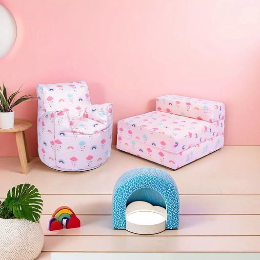Kids Bean Bag Armchair and Folding Z Bed Printed Toddler Beanbag Chair and Sleepover Mattress