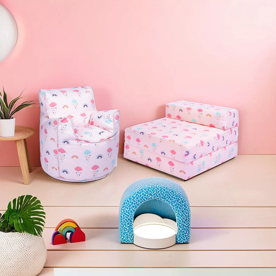 Kids Bean Bag Armchair and Folding Z Bed Printed Toddler Beanbag Chair and Sleepover Mattress
