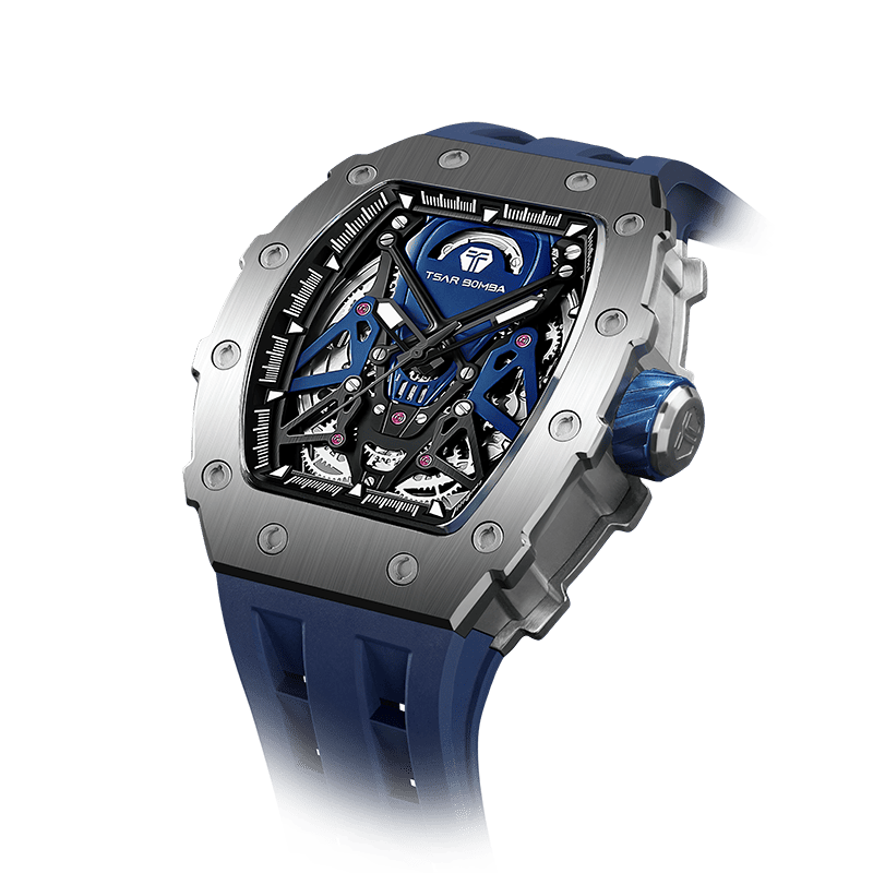 Elemental Series-Skeleton Automatic Mechanical Watch, Sporty Tonneau Case Design with Waterproof Build and Fluororubber Strap for Watch Enthusiasts