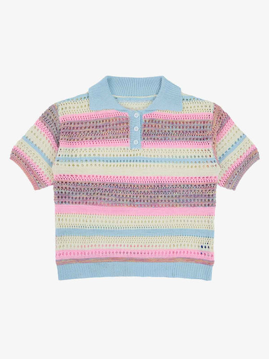 Pastel Striped Crochet Knit Short Sleeve Polo Shirt - Blue / S