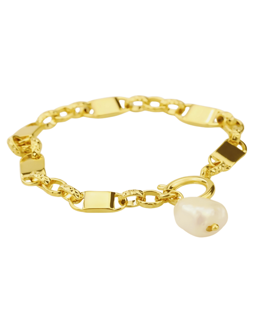 18K Gold Link Chain Bracelet with Pearl