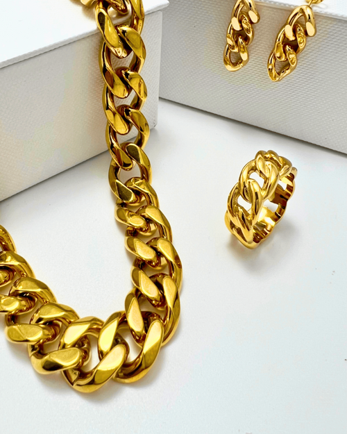 18K Gold Chunky Chain Necklace Ring Earrings Bundle Set - MASON CHUNKY CHAIN™