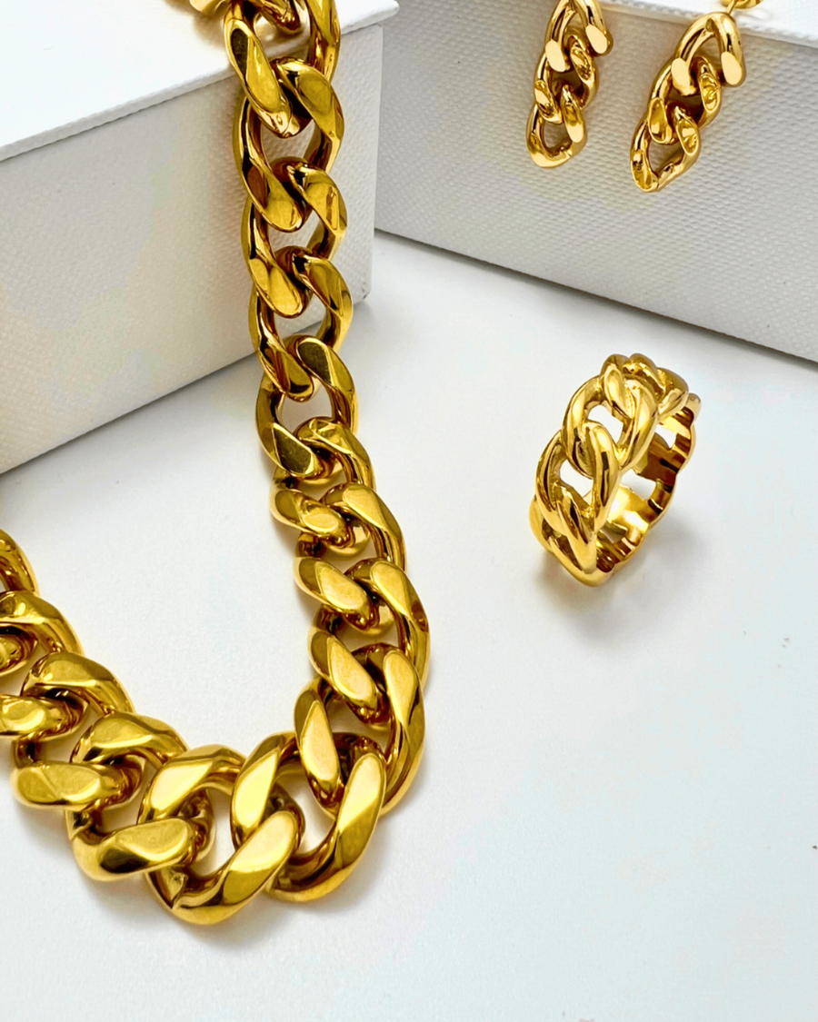 18K Gold Chunky Chain Necklace Ring Earrings Bundle Set - MASON CHUNKY CHAIN™