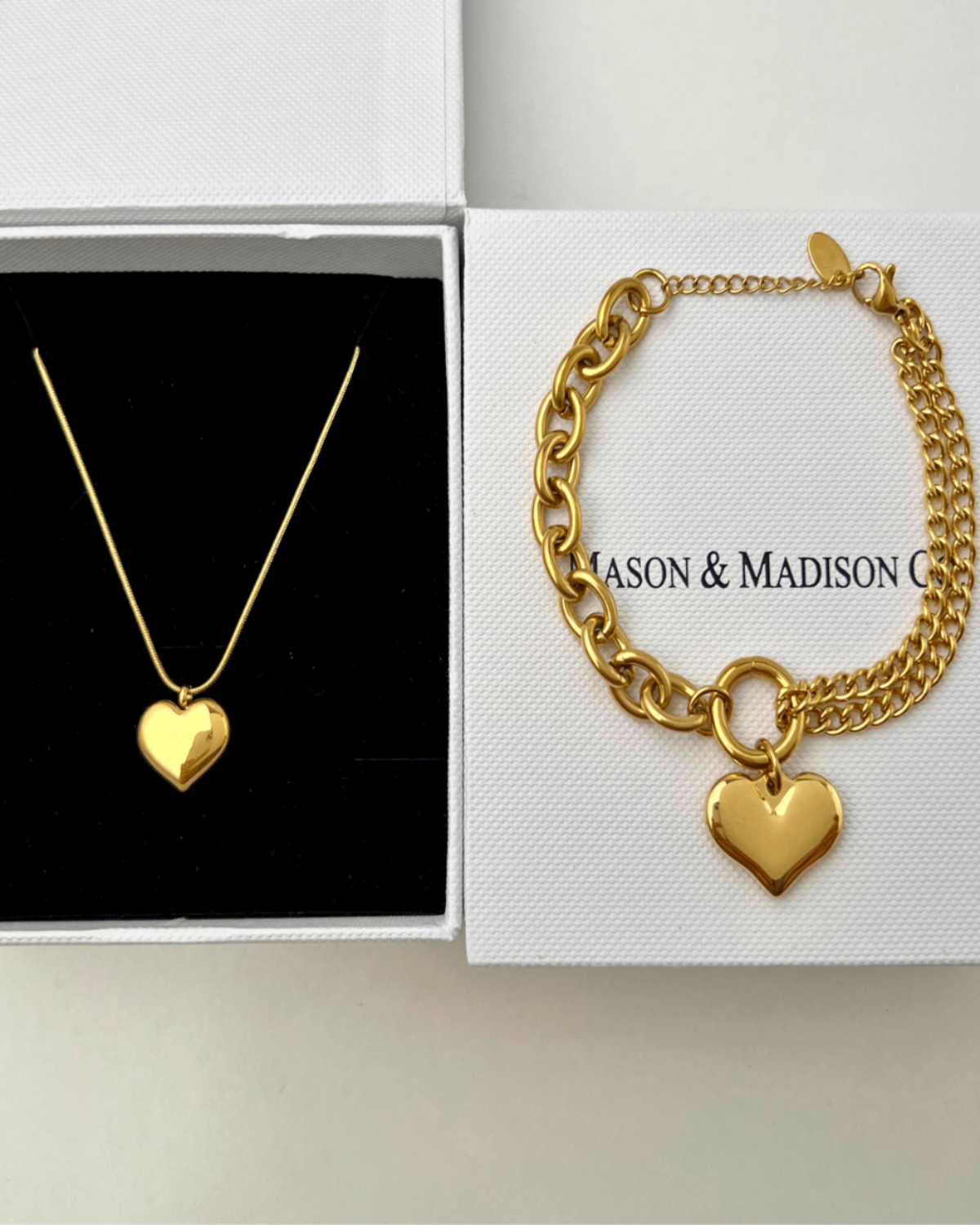 18K Gold Heart Necklace Bracelet Jewelry Bundle Set