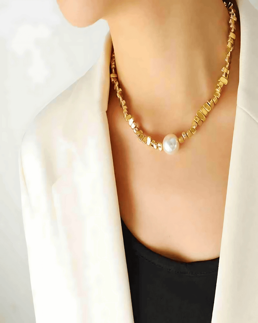 18K Gold Bead Chain Necklace with Pearl Pendant