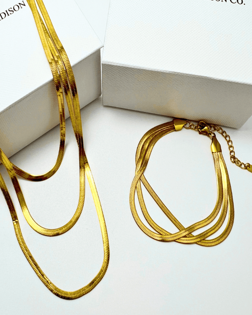 18K Gold Layered Snake Chain Necklace Bracelet Bundle Set - Triple