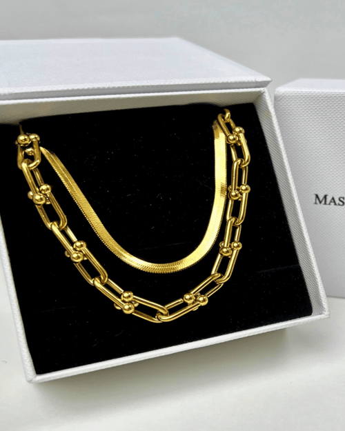 18K Gold Herringbone Chain + Link Chain Necklace Stack Bundle