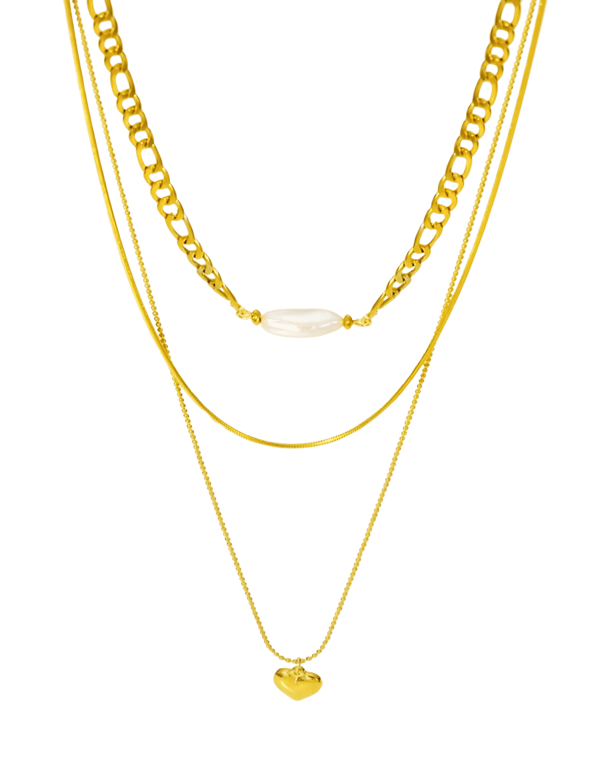 18K Gold Layered Necklace with Heart Pearl Pendant