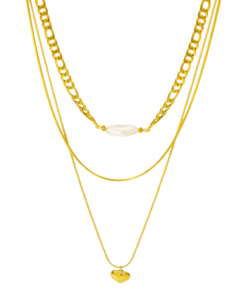 18K Gold Layered Necklace with Heart Pearl Pendant