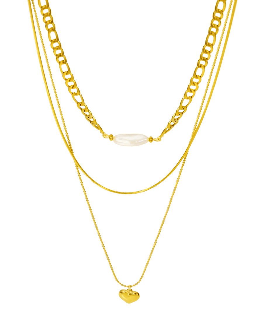 18K Gold Layered Necklace with Heart Pearl Pendant