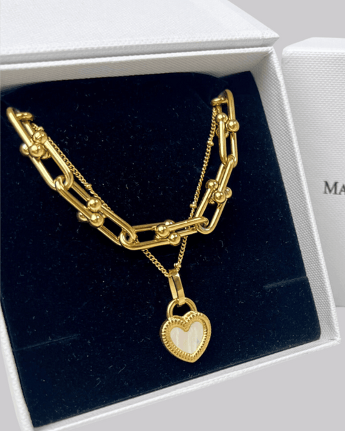 Best Trending 18K Gold Link Chain + Heart Pearl Necklace Set Gift on Sale for Women, Lady, Mother, Wife