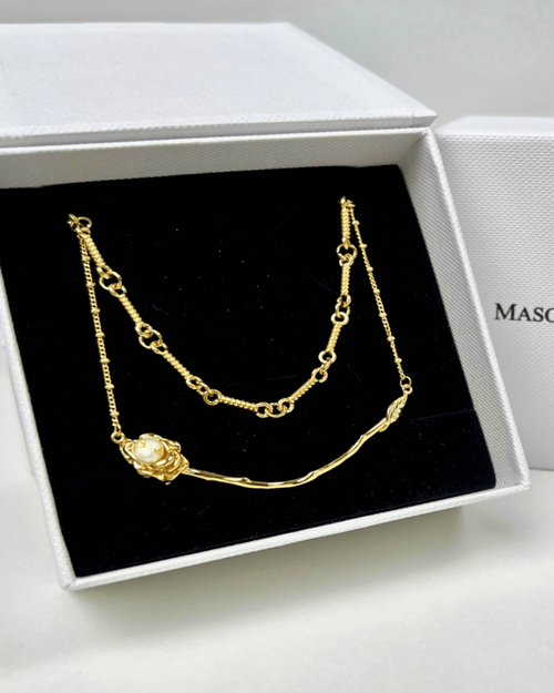 18K Gold Rope Link Chain + Rose Pendant Necklace Stack Bundle