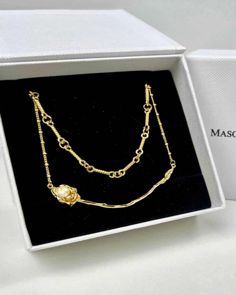 18K Gold Rope Link Chain + Rose Pendant Necklace Stack Bundle
